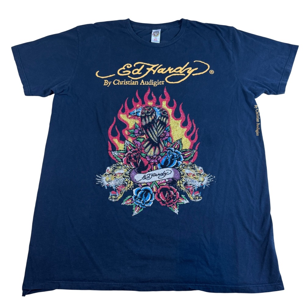 Ed‎ Hardy Christian Audigier Rhinestone Eagle Tiger Flame T-Shirt Black Men's XL